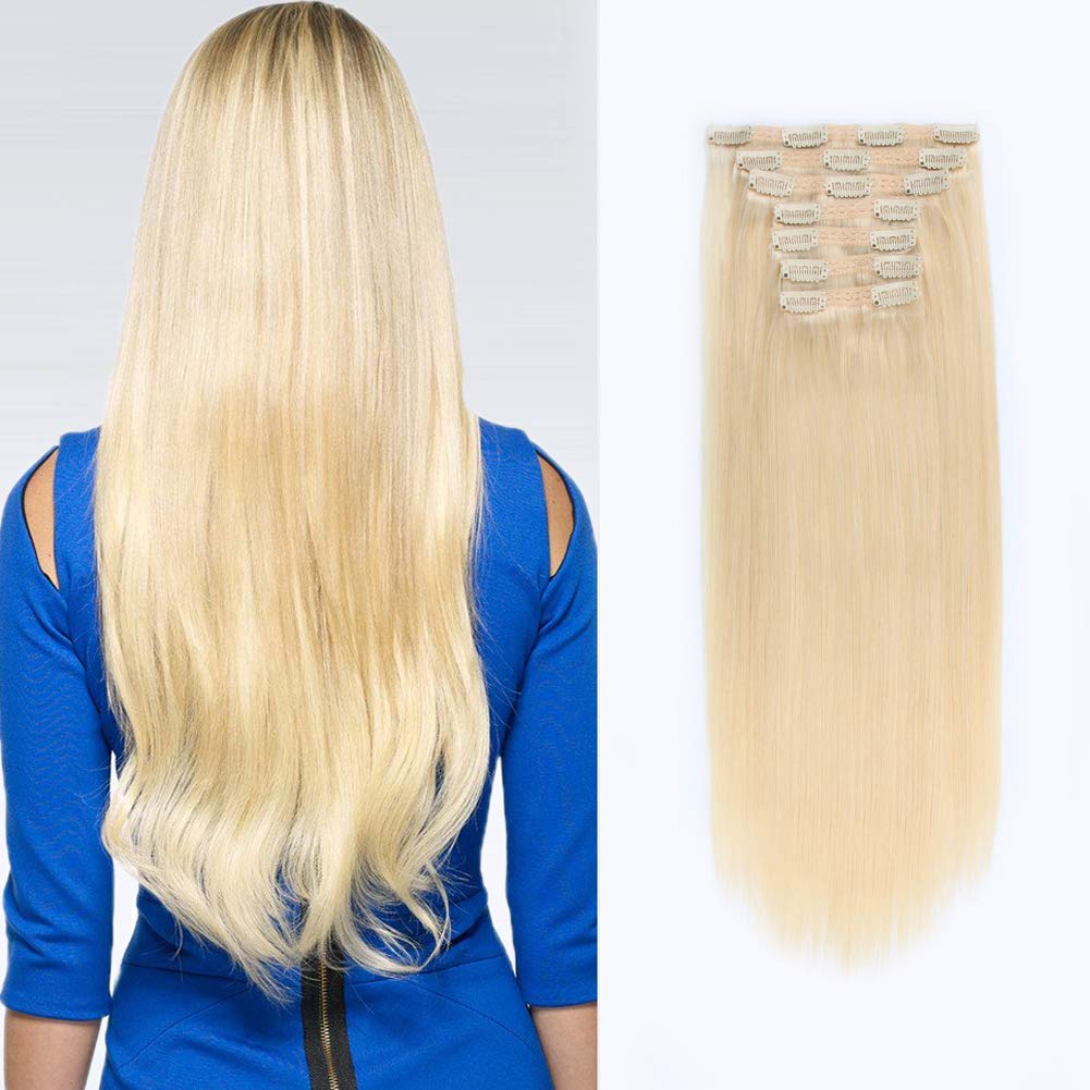 ABH AmazingBeauty Hair - AmazingBeauty Luxury Double Weft Blonde Hair Extensions Clip in Human Hair, Full Head 140 Gram, 7 Pieces with 18 Clips, Beach Blonde, 20 Inch