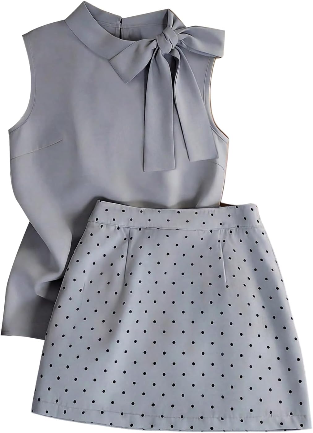 MakeMeChic Women's 2 Piece Business Casaul Outfits Tie Neck Sleeveless Tops Polka Dots Skirt Set