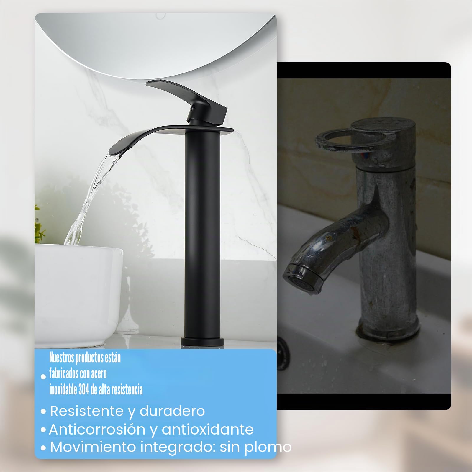 Grifo de lavabo de baño en cascada, grifo de baño alto negro, manija única, con desagüe de metal y tubo de alimentación de agua, orificio único, adecuado para barcos.