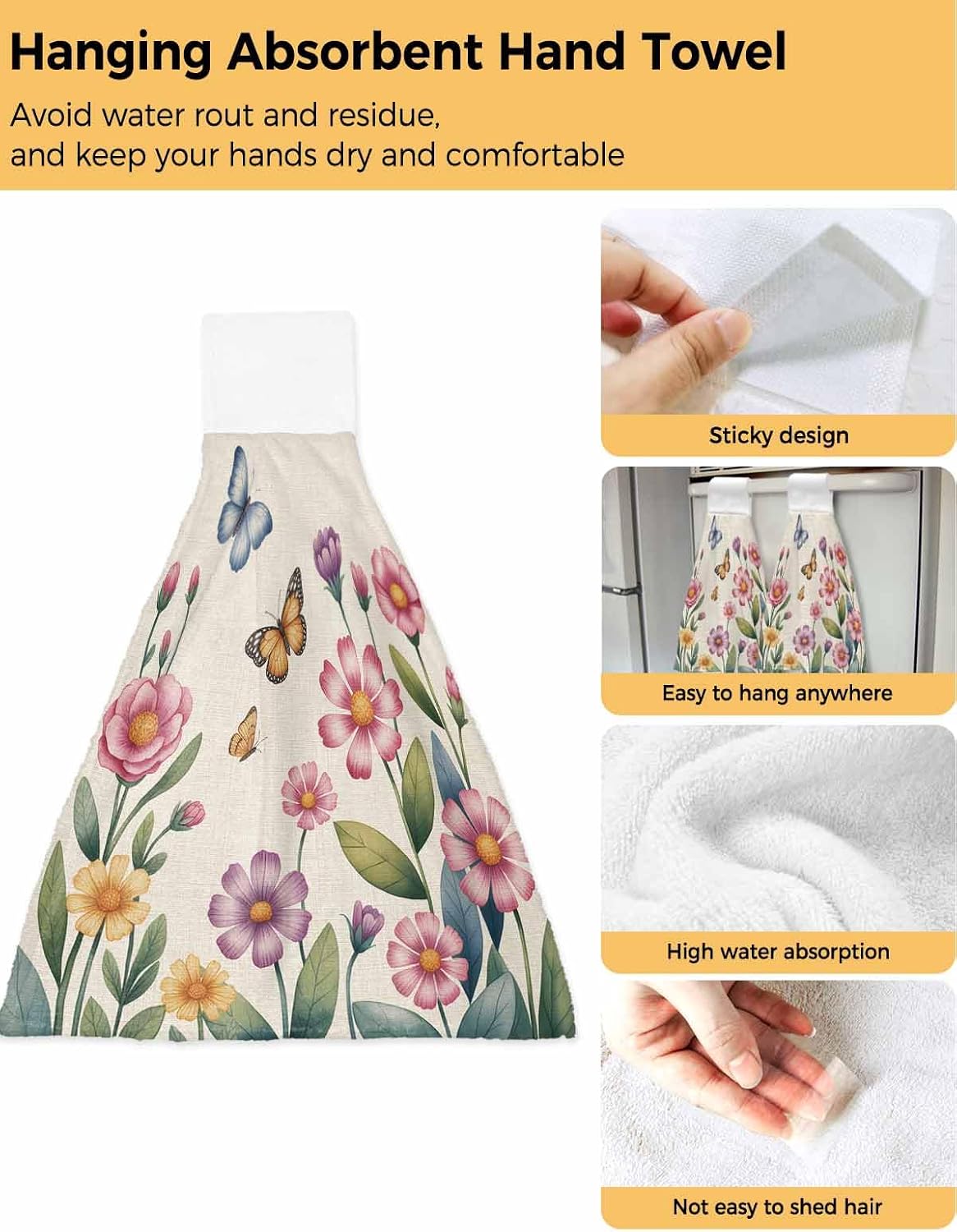 Pink Flowers Kitchen Hand Towels with Hanging Loops Set of 2 Spring Floral Butterfly Leaves Plants Retro Beige Soft Thick Oven Fingertip Dry Microfiber Tie Dish Towel Absorbent Cleaning Washcloth
