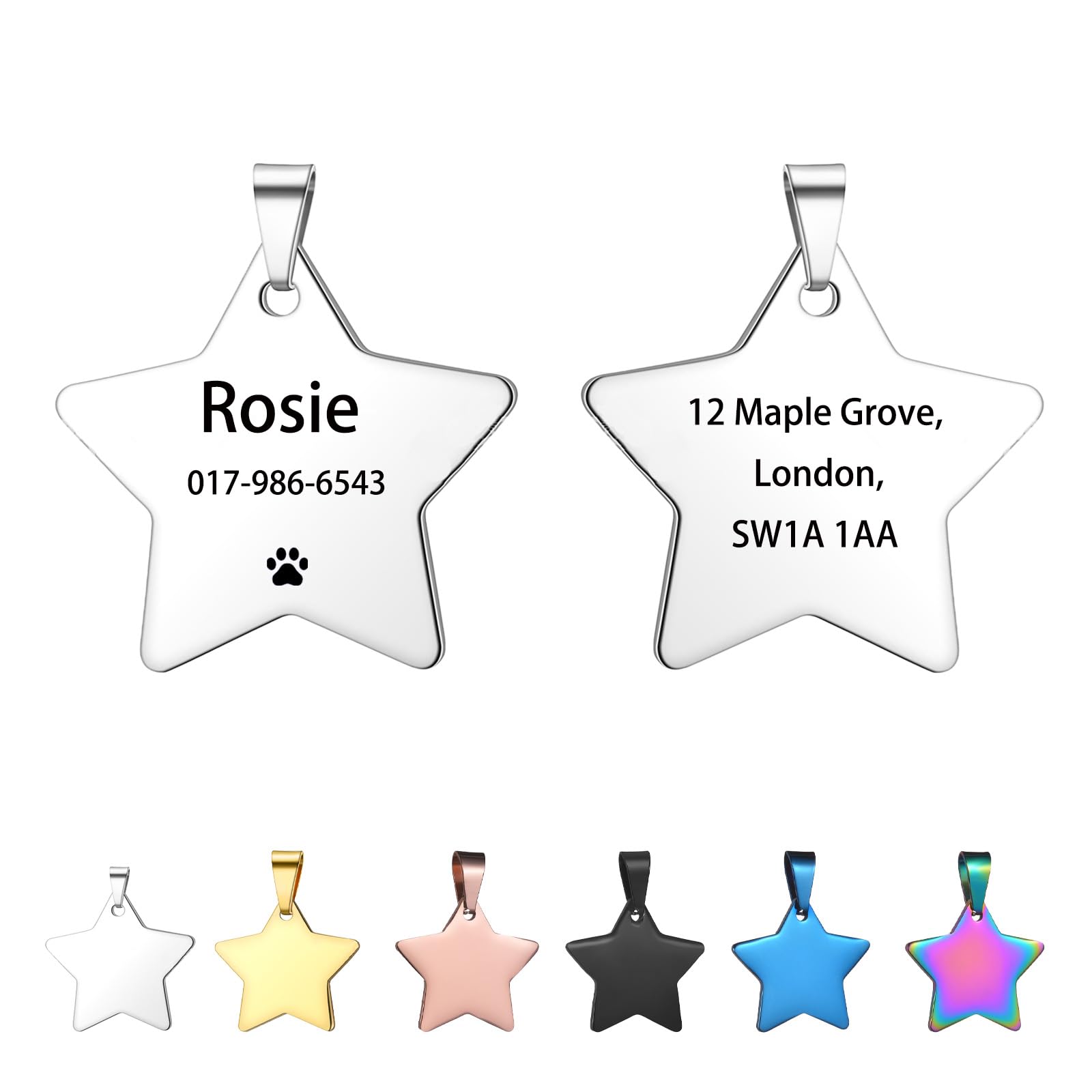 Personalised Dog Tag - Dog Tags for Pets Engraved UK, Engraved Dog Name Tags for Dogs with Any Text, Stainless Steel Dog ID Tag for Pet Dogs, Custom Cat Tag for Pet Cats, Star-Shaped (Silver, L)