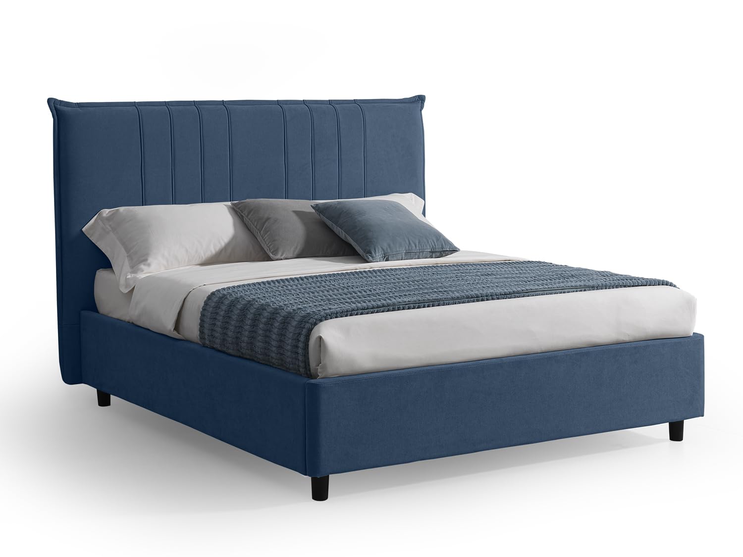 EVERGREENWEB Letto Matrimoniale con Contenitore Salvaspazio 160x190 cm, Testiera in Tessuto Blu Imbottita, Struttura Rinforzata Facile da Montare, Rete a Doghe in Legno, Design Moderno, BILBAO