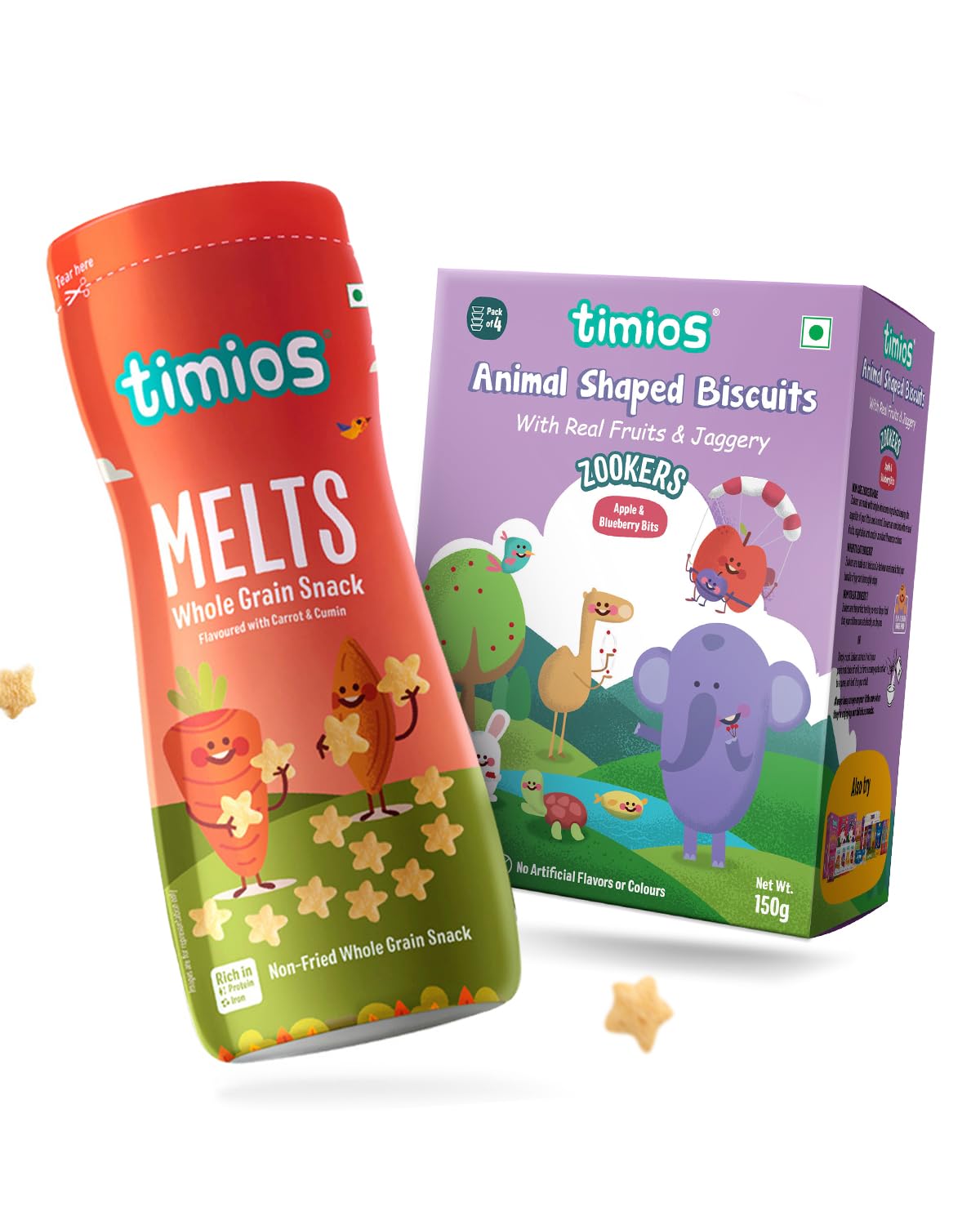Melts Wholegrain Preservative Free Kids Snacks|Carrot & Cumin Melts|Apple & Blueberry Bits Zookers | 9+M| Rich in Iron, Fibre & Protein|No Additives, No Maida| Combo Pack of 2