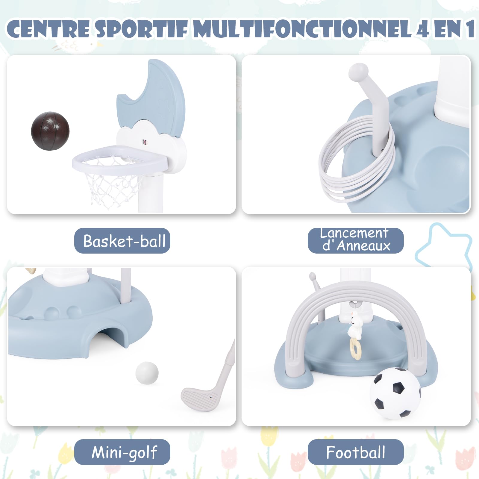 GOPLUS 4 en 1 Panier de Basket Enfants Réglable 114-152 cm, Effet Sonore de But, Tableau de Score Electronique en Forme de Lune, Football, Jeu de Golf, Anneaux, pour Intérieur Extérieur (Bleu)