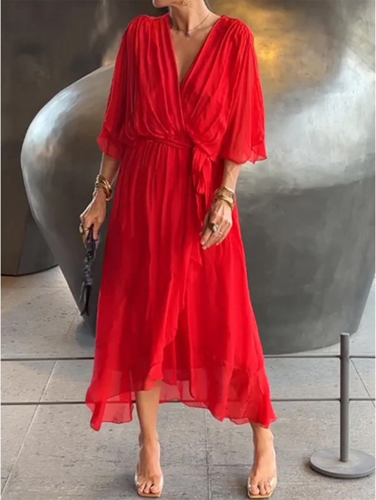 Abito Lungo Elegante e Raffinato con Scollo a V - Vita Alta a Balze fluide per Matrimoni/Feste/Casual