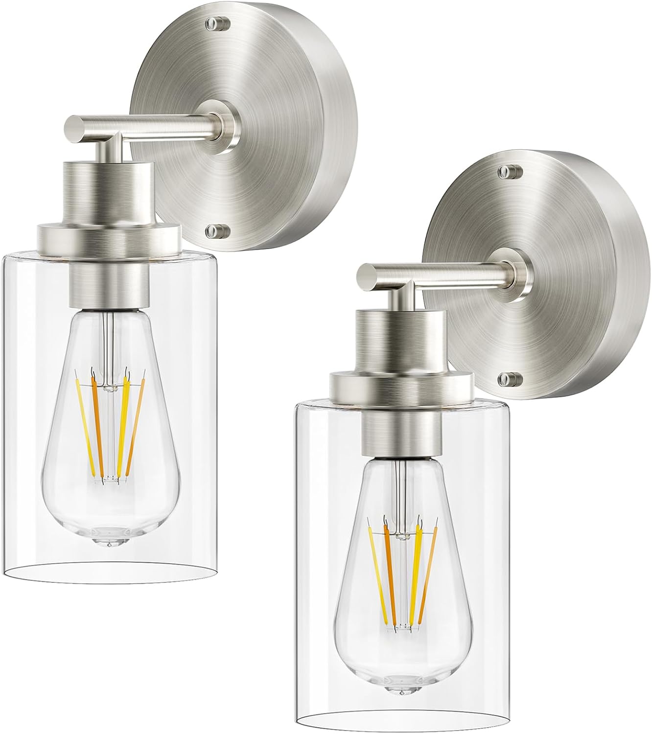 Bathroom Wall Sconces Set of Two: Brushed Nickel Vanity Light Fixtures with E26 Base LED Cordless Indoor Wall Mount Lamp for Mirror Bedroom Hallway Stairway Modern Decor Lighting