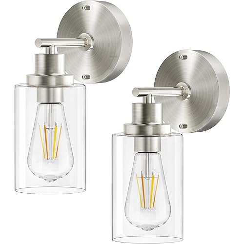 Bathroom Wall Sconces Set of Two: Brushed Nickel Vanity Light Fixtures with E26 Base LED Cordless Indoor Wall Mount Lamp for Mirror Bedroom Hallway Stairway Modern Decor Lighting