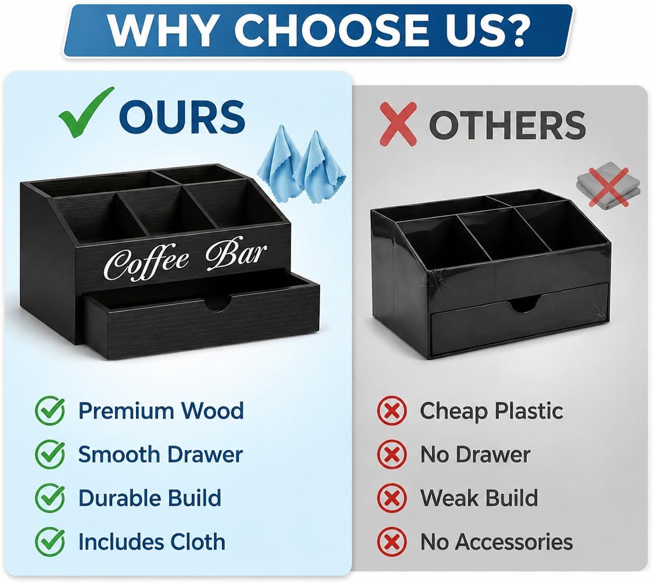 Wooden Coffee Station Organizer with Drawer, 5 Compartment Snack Organizer for Countertop, Coffee Bar Organizer for K-Cups, Tea Bags, Condiments & Office Pantry Storage