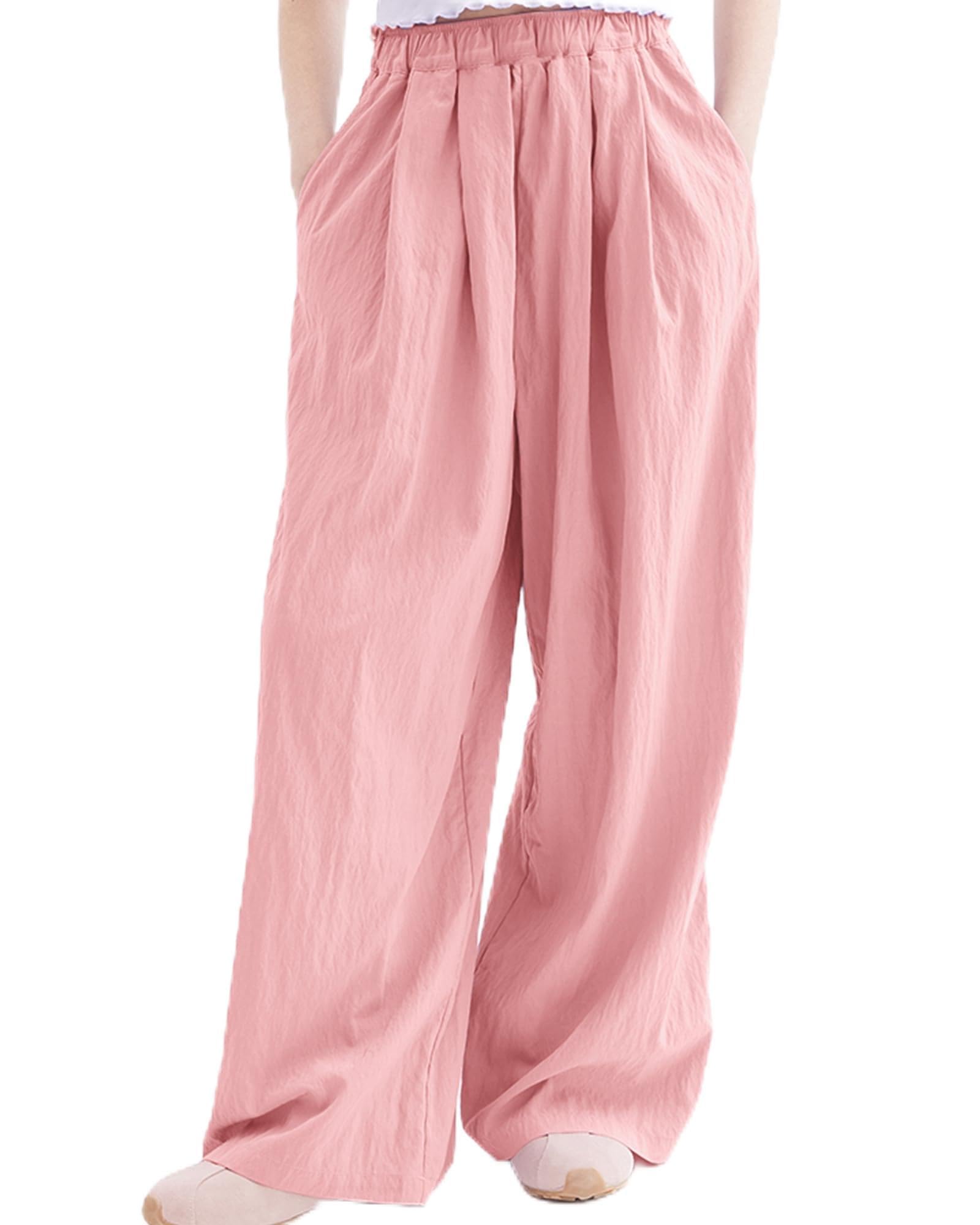 Rolanko Girls Wide Leg Pants Flowy Palazzo Pants for Girls Kids Linen Trousers Loose Fit Casual Beach Travel 6-15Y