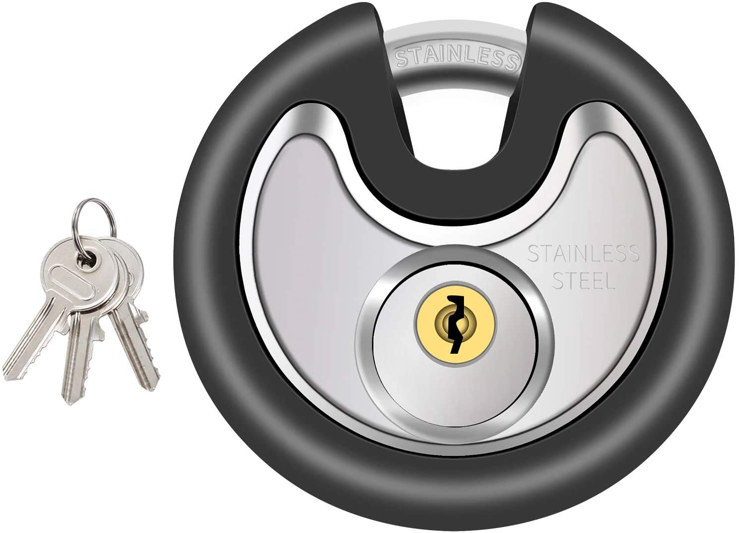 Tuff4ever Keyed Padlock with Stainless Steel Shackle, Disc Padlock with 3 Keys Heavy Duty Padlock Outdoor Weatherproof Locks with Round Black Rubber Sheath 70mm