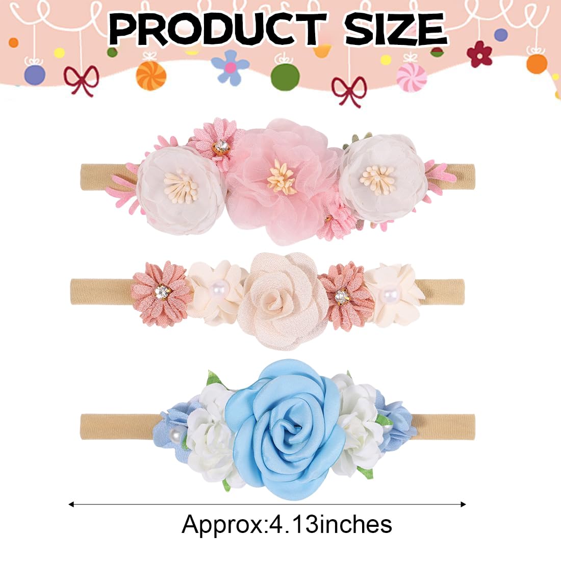 Set 3 Fasce Capelli Neonato – Fascia elastica morbida con fiocchi e fiori, Accessori capelli bambina per foto, uso quotidiano e idea regalo