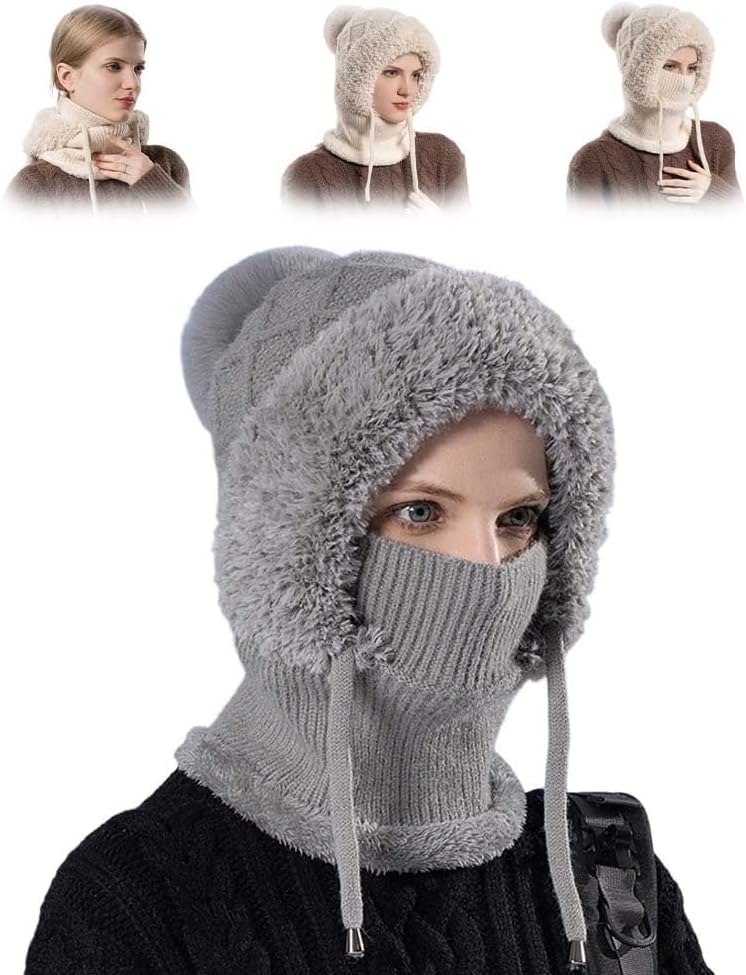 LECDOA 3 in 1 Beanie Hat for Women, Warm Lined Winter Scarf Mask Set, Thick Plush-Lined Winter Hat Balaclava