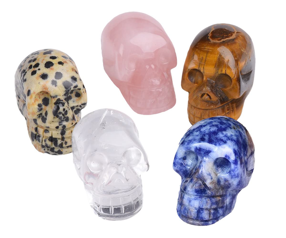 JIC Gem 6 pcs 1.5" Hand Carved Clear Quartz,Rose Quartz,Unakite,Tiger Eye,Spotted Jasper,Sodalite, Pocket Stone Statue Figurine Skull