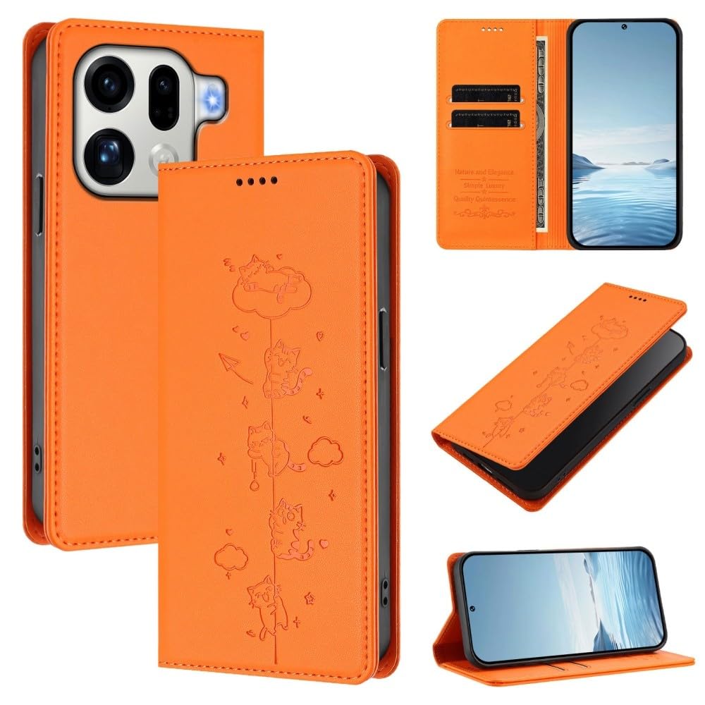 Étui Oppo Reno 14 Pro 5G en cuir orange style portefeuille avec motif chat élégant - 7