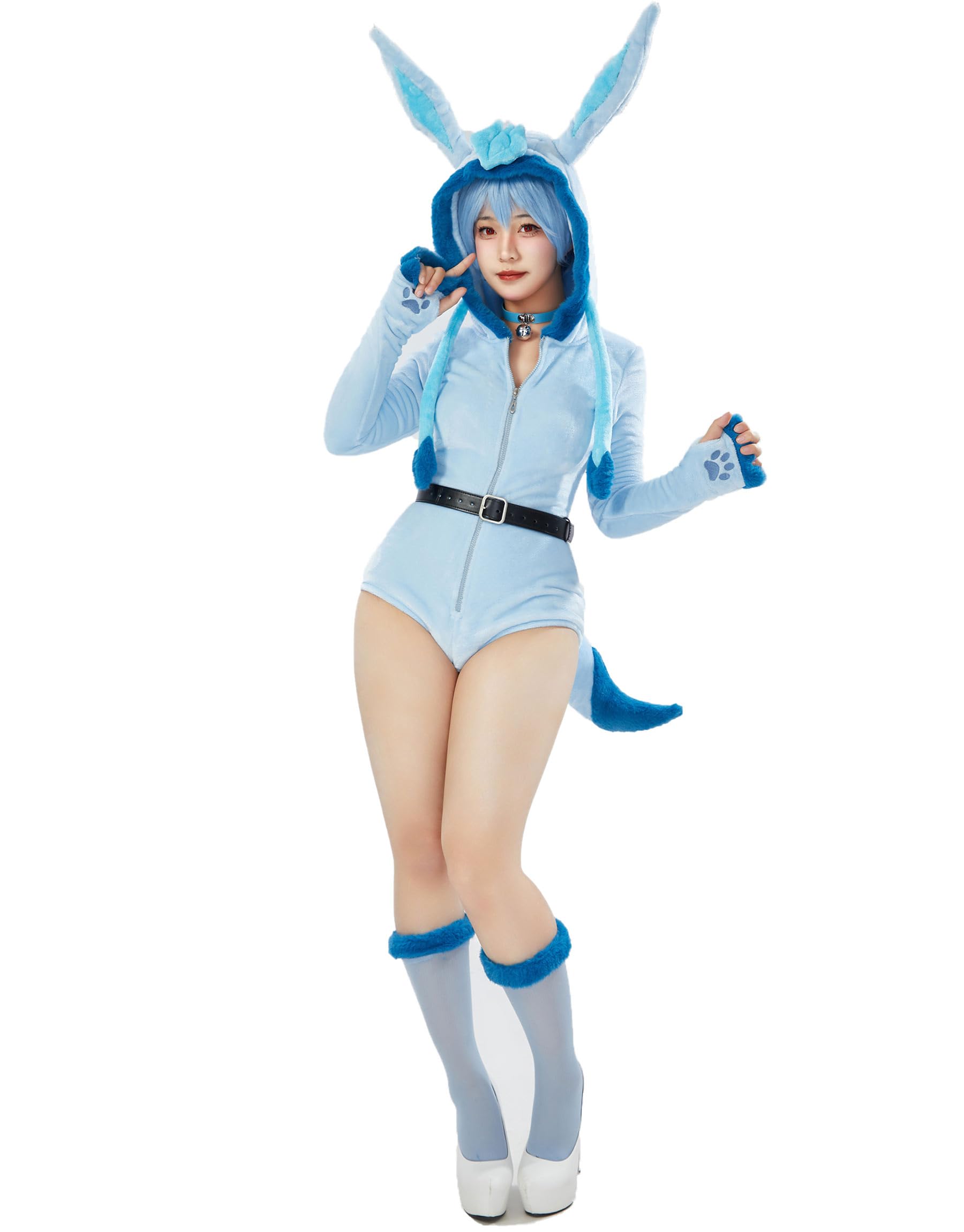 Mobbunny Women Cartoon Anime Style Romper Fuzzy Onesie Pajama Blue Loungewear Fluffy Hooded Homewear Short Jumpsuit - Small