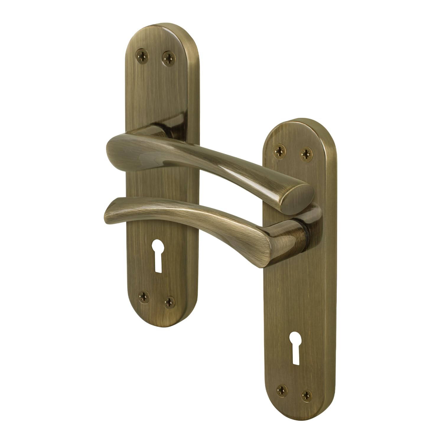 EAI Brass Door Handles for Key Lock, 1 Pair of Antique Brass Internal Lever T-Bar Handles on Backplate - Novoli