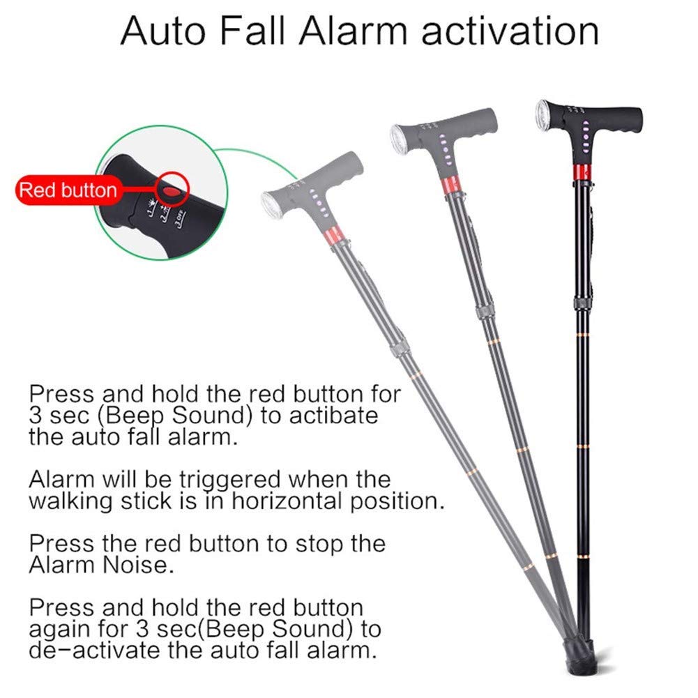 SGSG Bastón Inteligente con luz LED, Alarma de Seguridad, Dos Asas: Plegable, Ajustable de 79-89 cm, bastón Ligero para Hombres o Mujeres Bastón Inteligente, para discapacitados y ancia