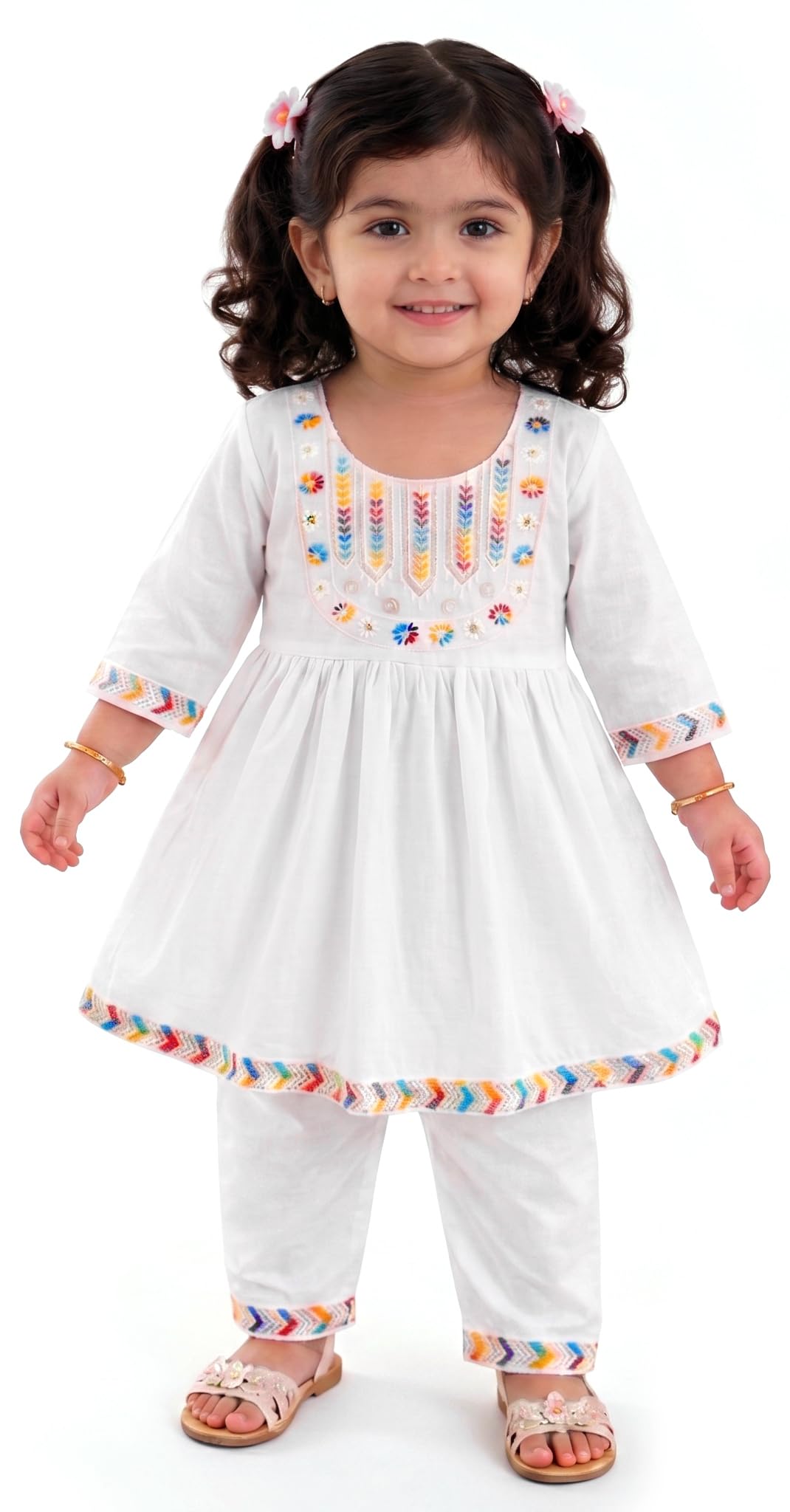 Kids Ethnic Frock & Pyjama Set for Baby Girls | Pure Cotton Embroidered Kurti Pant Set | wedding Dress for Baby Girls-image-25