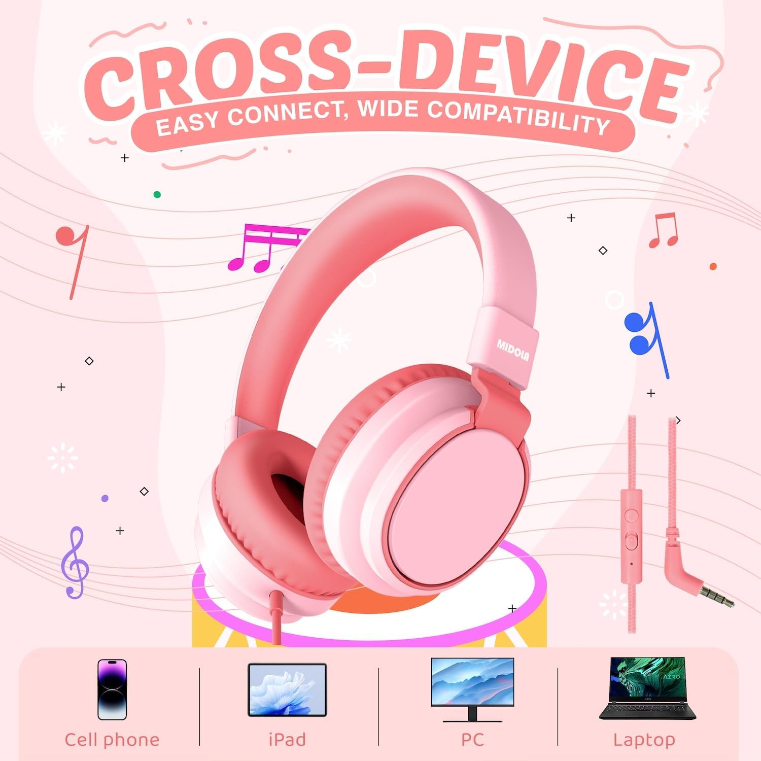 MIDOLA Kids Headphone Wired Volume Limited 85/94dB Over-Ear/On-Ear Foldable Headset with Microphone Hearing Protection Headphones for Toddler Boy Girl Child School Learning Pad Tablet Pink