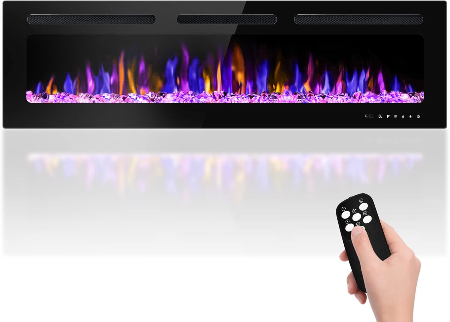 68" Electric Fireplace Wall Mounted and Recessed with Remote Control, 750/1500W Ultra-Thin Wall Fireplace Heater W/Timer Adjustable Flame Color and Brightness, Log Set & Crystal Options