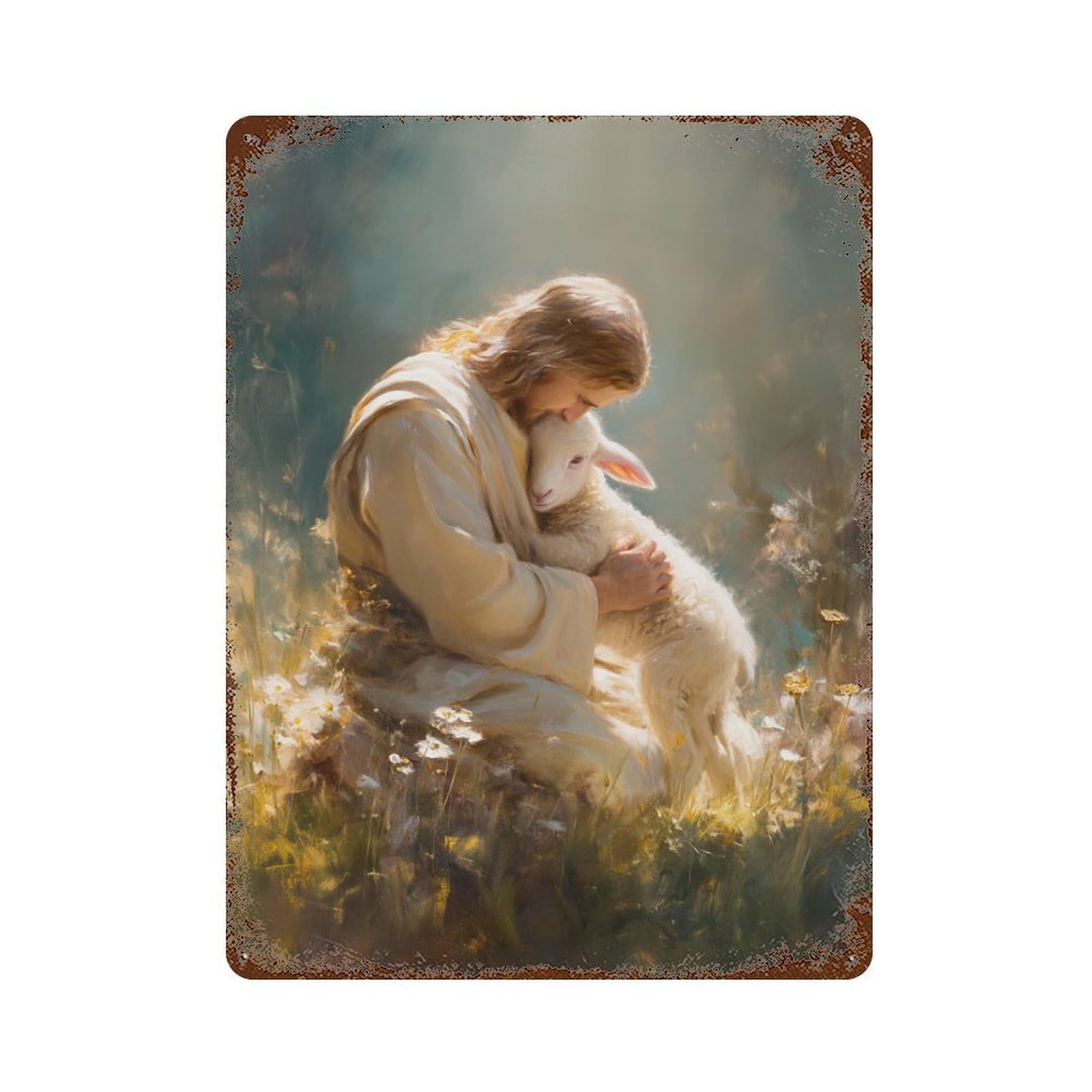 Distressed Metal Wall Sign Jesus with Lamb in Field 15.7"x11.8", Old School Wall Decor for Bistro, Counter And Cafe Decor