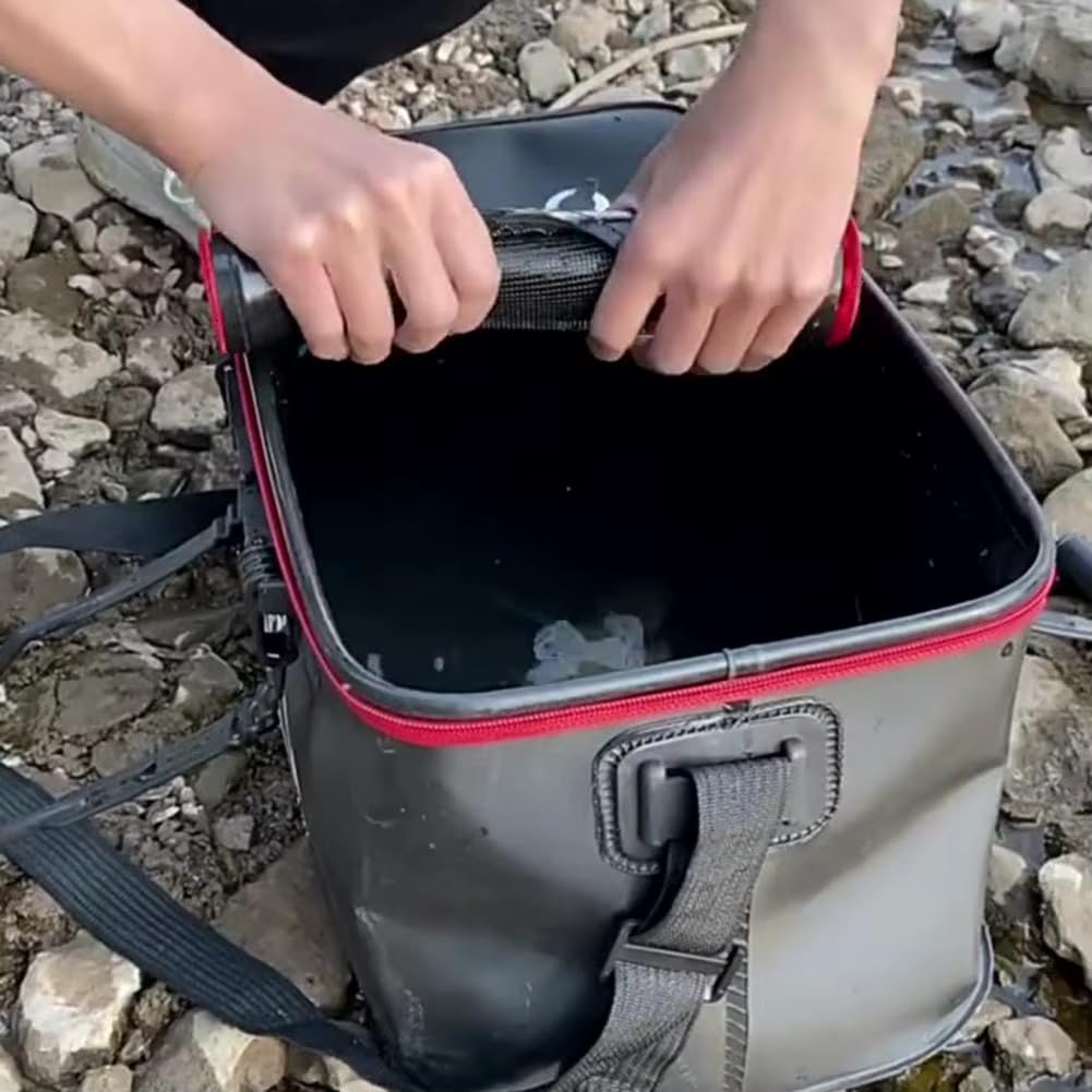 Secchio da Pesca Pieghevole – Capacità 28 L, Impermeabile, Con Foro per Aeratore, Tasche Laterali, Design Salvaspazio, 45×26,5×23,5 cm | RIBETINA