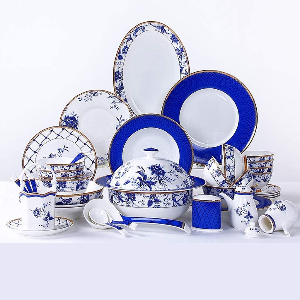 Zestawy naczyń ceramicznych, miski/talerze/garnki/łyżki | Zestawy naczyń z porcelany kostnej, nowoczesne zestawy z niebiesko-białym wzorem porcelany, zestawy 60-elem,-82pieces