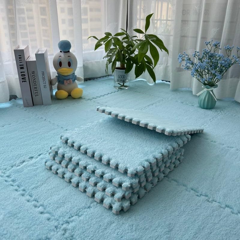 10-Pack Splicing Plush Foam Floor Mats, Soft Flannel Carpet Tiles Easy to and Assemble for Bedroom Playroom Nursery HOMEs Decor DIY Flooring(Light Blue)
