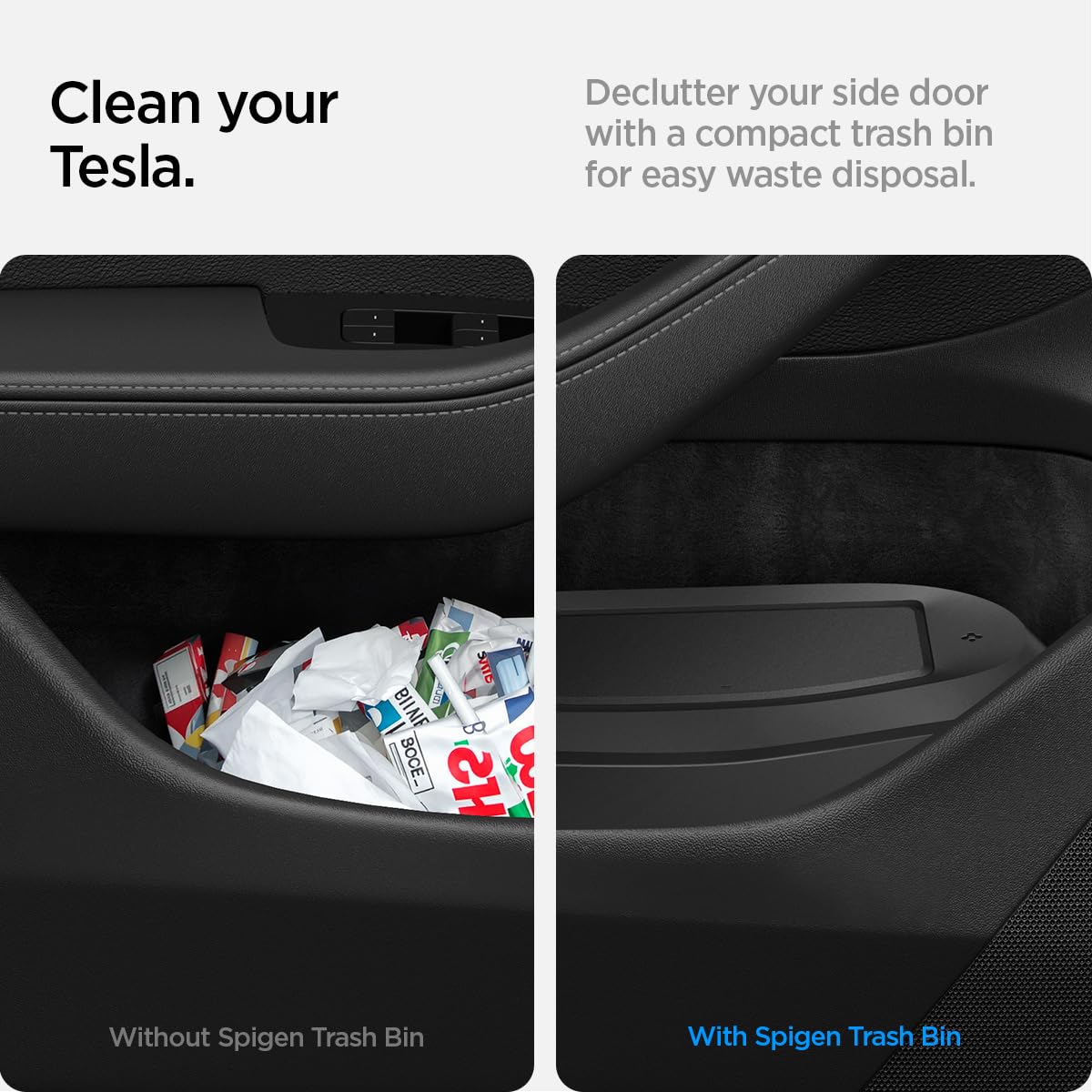 Spigen Tesla Model 3 Highland 2024 2025 2026 Mini Pattumiera per Tasca della Portiera [50 Sacchetti Inclusi] Portarifiuti Lato Conducente, Design Salvaspazio, Accessori Tesla