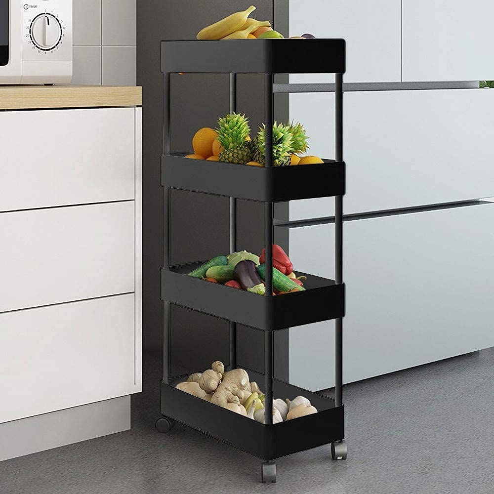 4-Tier Utility Cart Slide Out Storage Rack Mobile Standing Shelf for Narrow Places Laundry Corner Fridge Gap Kitchen Bathroom, 15.7