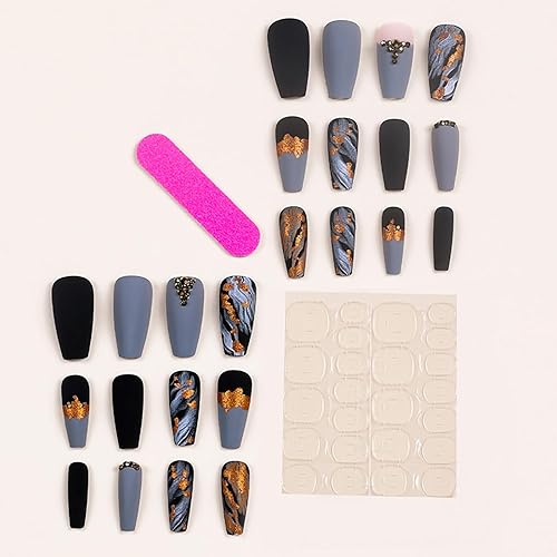 Miniatura 4 de 24 uñas postizas de punta francesa a presión, cuadradas medianas, uñas acrílicas artificiales con dije 3D con diamantes de imitación de lámina negra