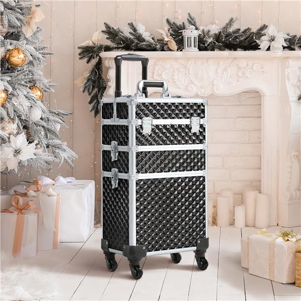 Yaheetech 3 in 1 Valigia Valigetta Trucchi Trolley Make Up Professionale Cosmetici Portatile in MDF e Lega di Alluminio per Parrucchieri Nero 35 x 23,5 x 67,5 cm