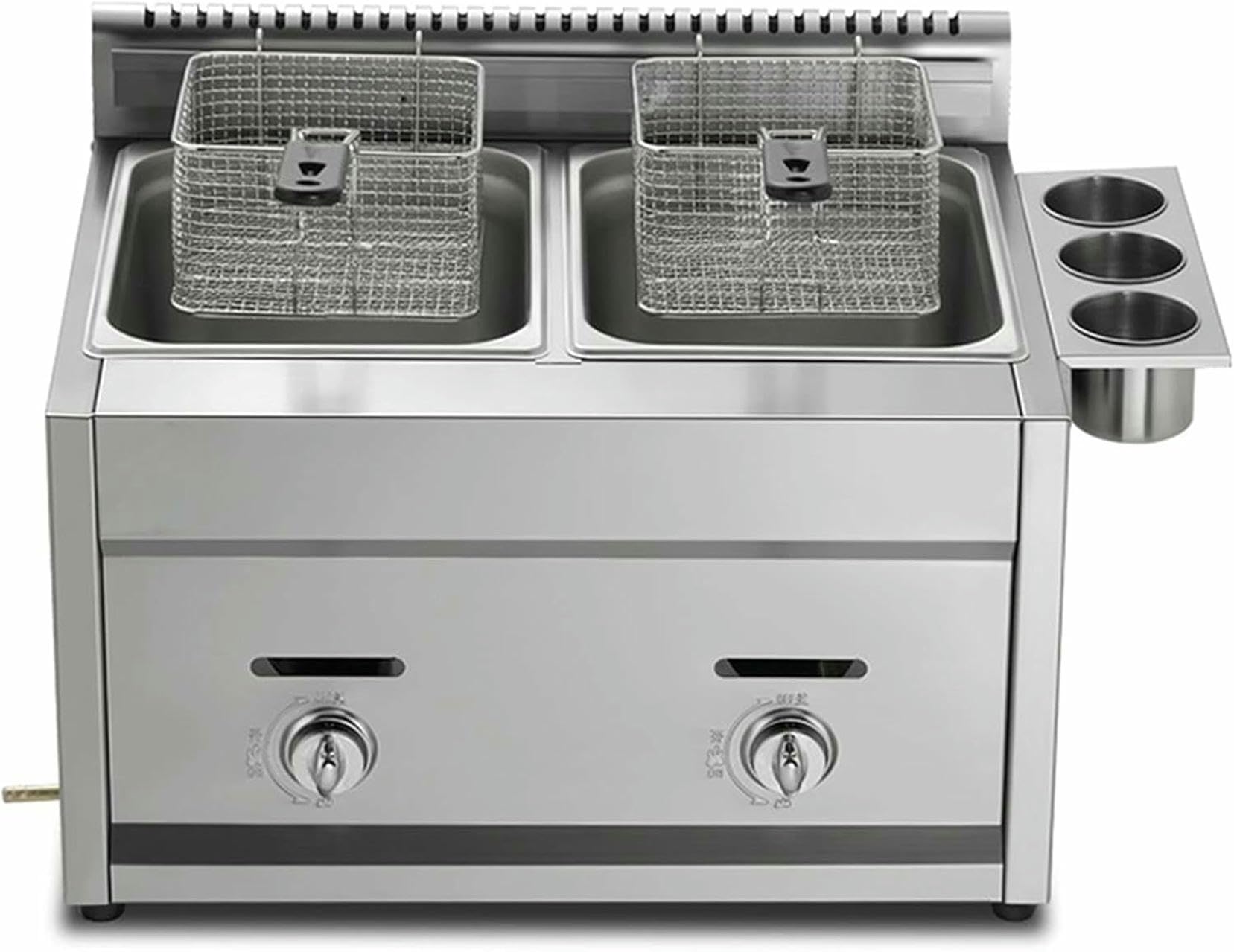 Freidora Profesional de GLP, Freidora Comercial de Doble Tanque de 22 L, Freidora de Acero Inoxidable Grueso con Cestas y Tapas, Control de Temperatura y Potencia de Fuego Ajustabl~/