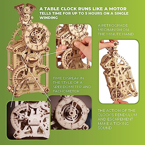 UGEARS Orologio a Motore Puzzle 3D Modellini da Costruire - Meccanico Orologio Puzzle 3D Legno – Orologio da Montare in Legno con Pistoni Mobili - Ideale per Fan di Modellismo da Costruire Adulti