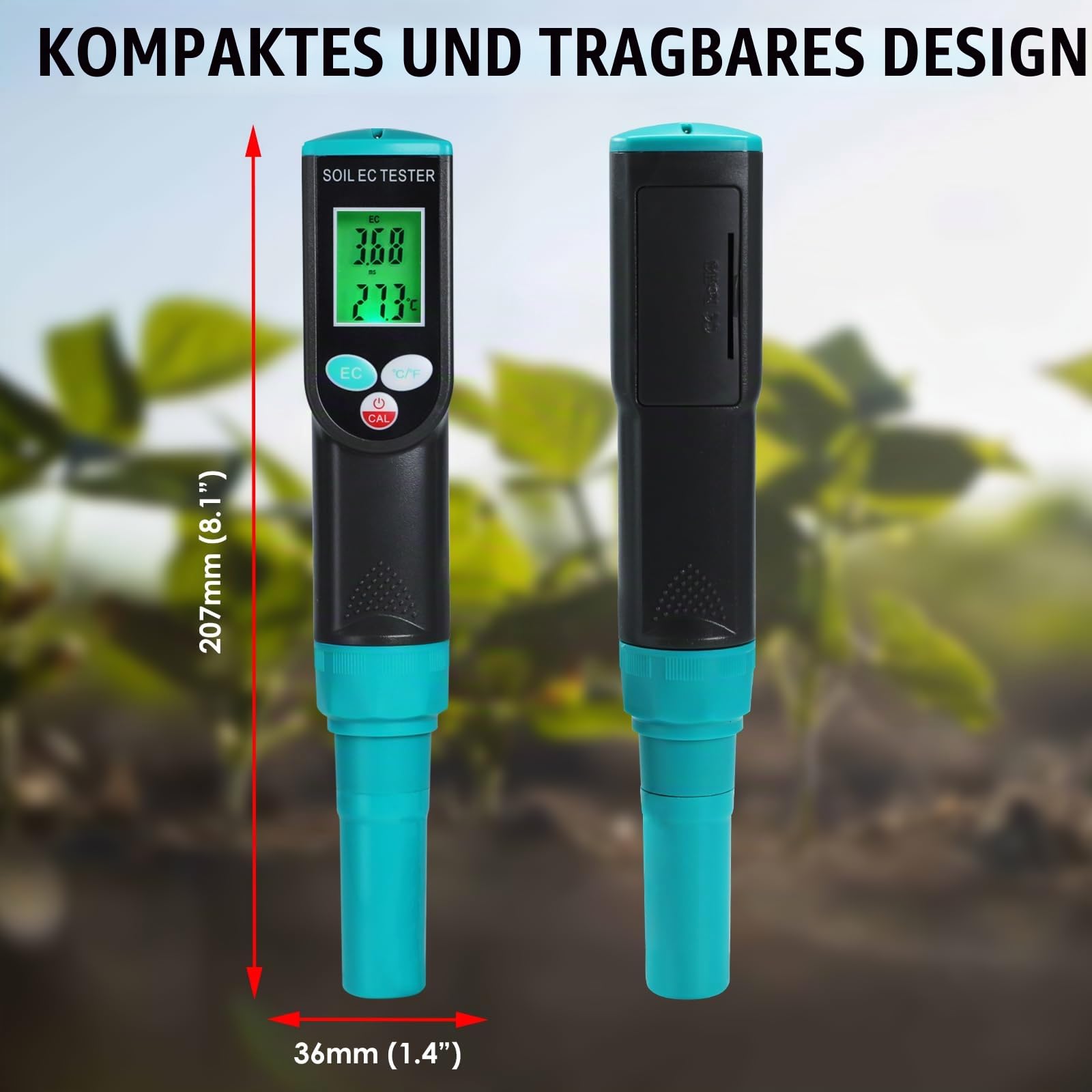 TEKCOPLUS Digitales Bodenmessgerät mit Corde-Sensor, 2-in-1 Boden-EC- & Temperaturmessgerät Tester mit ATC-Funktion, einfache Kalibrierung, hintergrundbeleuchtetes LCD-tragbares EC-Messgerät für