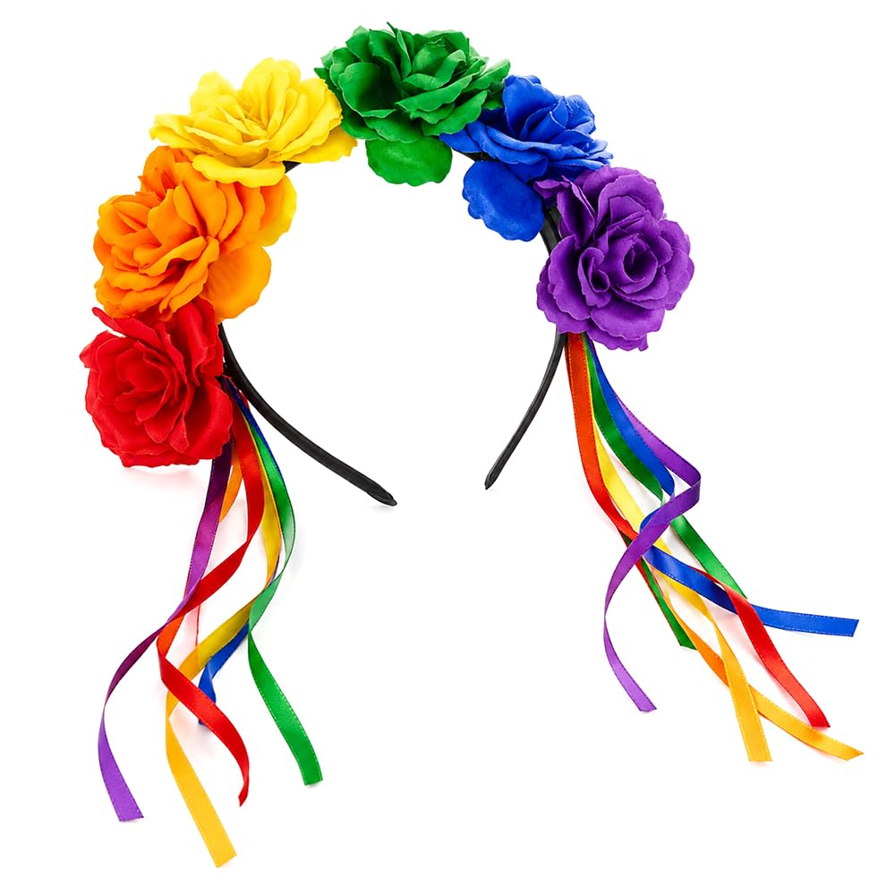Vibrant Rainbow Flower Headband with Long Ribbons for Cosplay Wedding Fest