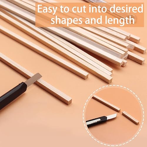 Miniatura 4 de Benvo 50 palitos de madera de balsa, tacos cuadrados de madera sin terminar, tiras de madera dura natural largas, bastones para manualidades,