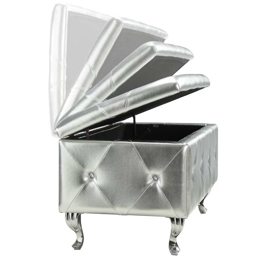BAKAJI Baúl de Almacenamiento para reposapiés, para Dormitorio, Banco de Madera, Revestimiento de Piel sintética, decoración Acolchada con Cristales, Patas de Metal, diseño Moderno (Silver)