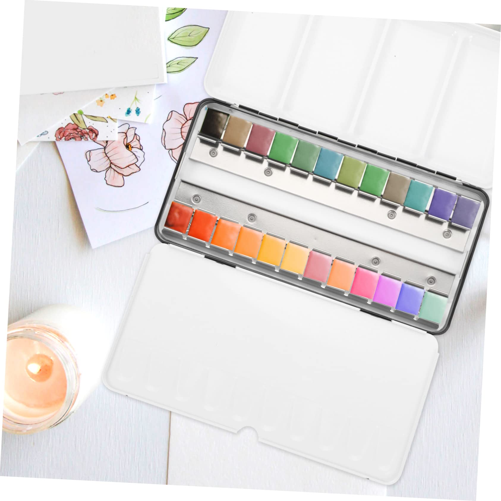 Boîte Métallique Aquarelle Vide 48 Rangements, Légère, Réutilisable, Noire