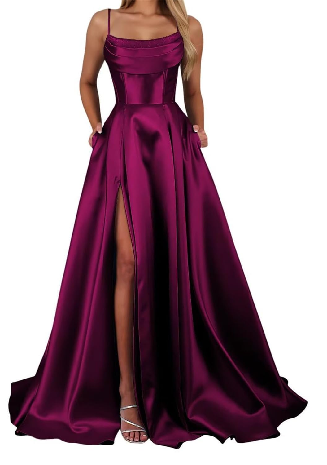 Yiann Women's Fuchsia Satin Prom Dresses With Slit Spaghetti Strap Formal Dress Sleeveless Long Ball Gown Uk8