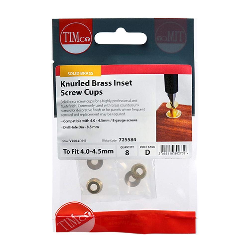Timco 725584 Knurled Inset Screw Cups - Solid Brass To Fit 4.0 4.2 4.5 Screw Timpac 8