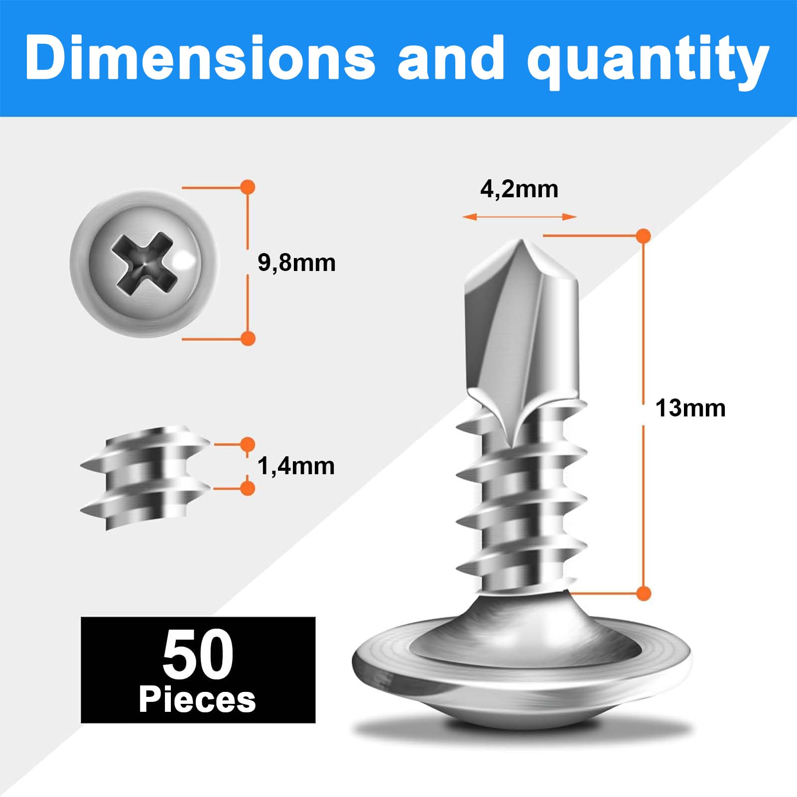 Wavanta 50Pcs Self Tapping Screws for Metal M4.2 x 13mm Truss Head Self Drilling Screws - Image 2