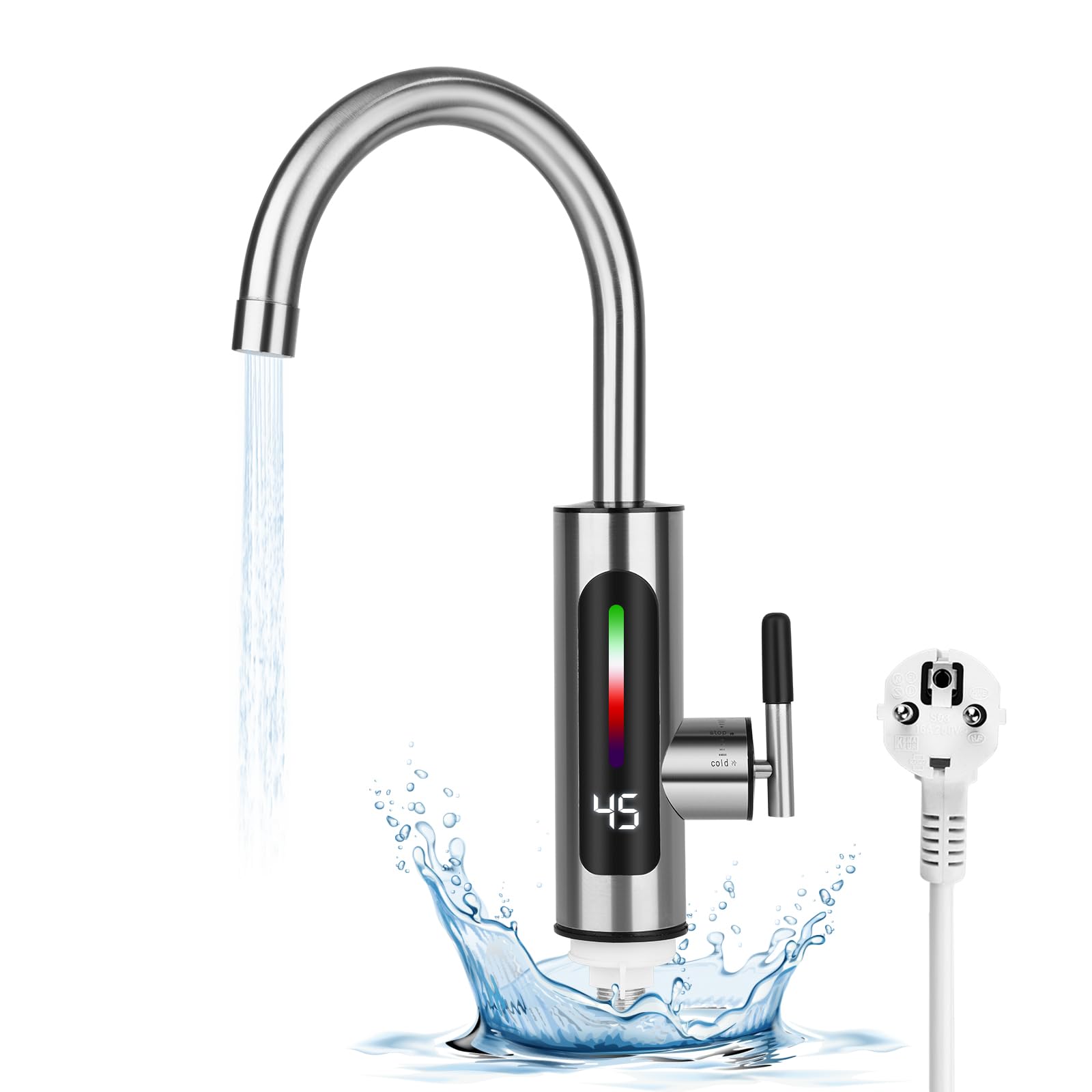 Robinet électrique avec chauffe-eau instantané, 230 V, pour cuisine, 3000 W, robinet électrique en acier inoxydable avec affichage LED de la température, robinet rotatif à 360 degrés, robinet de