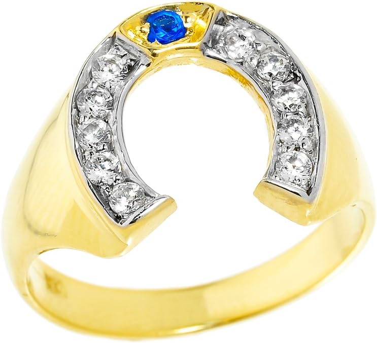 Men's 10k Yellow Gold Blue Sapphire and White Diamond Lucky Horseshoe Ring (Size 10)