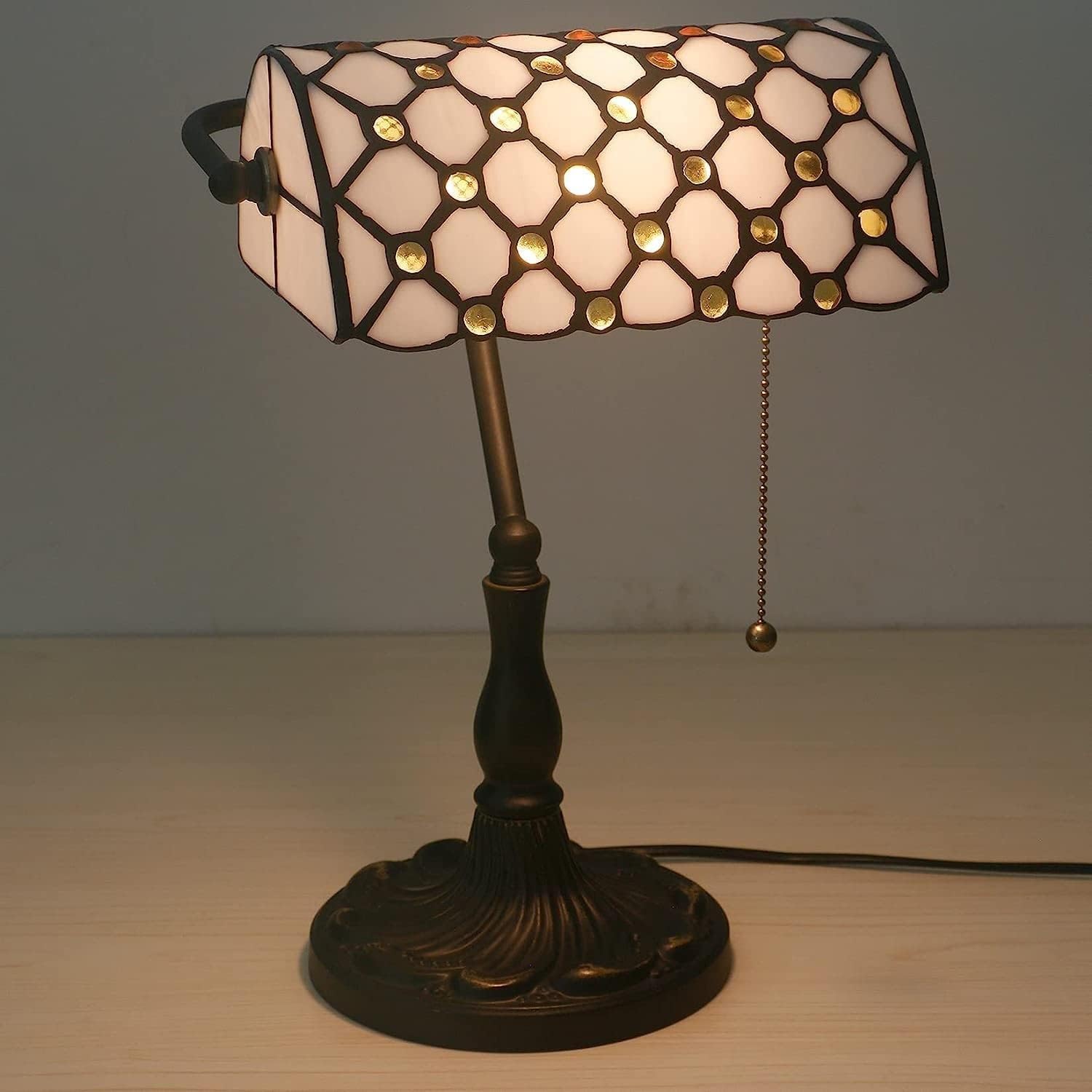 Bankiers Tischlampe, farbige Glaslampe, Kristallperlenschreibtischlampe, Schlafzimmer in der Nacht Leselampe (weißer gelbe Glasperlenschatten) Innovate