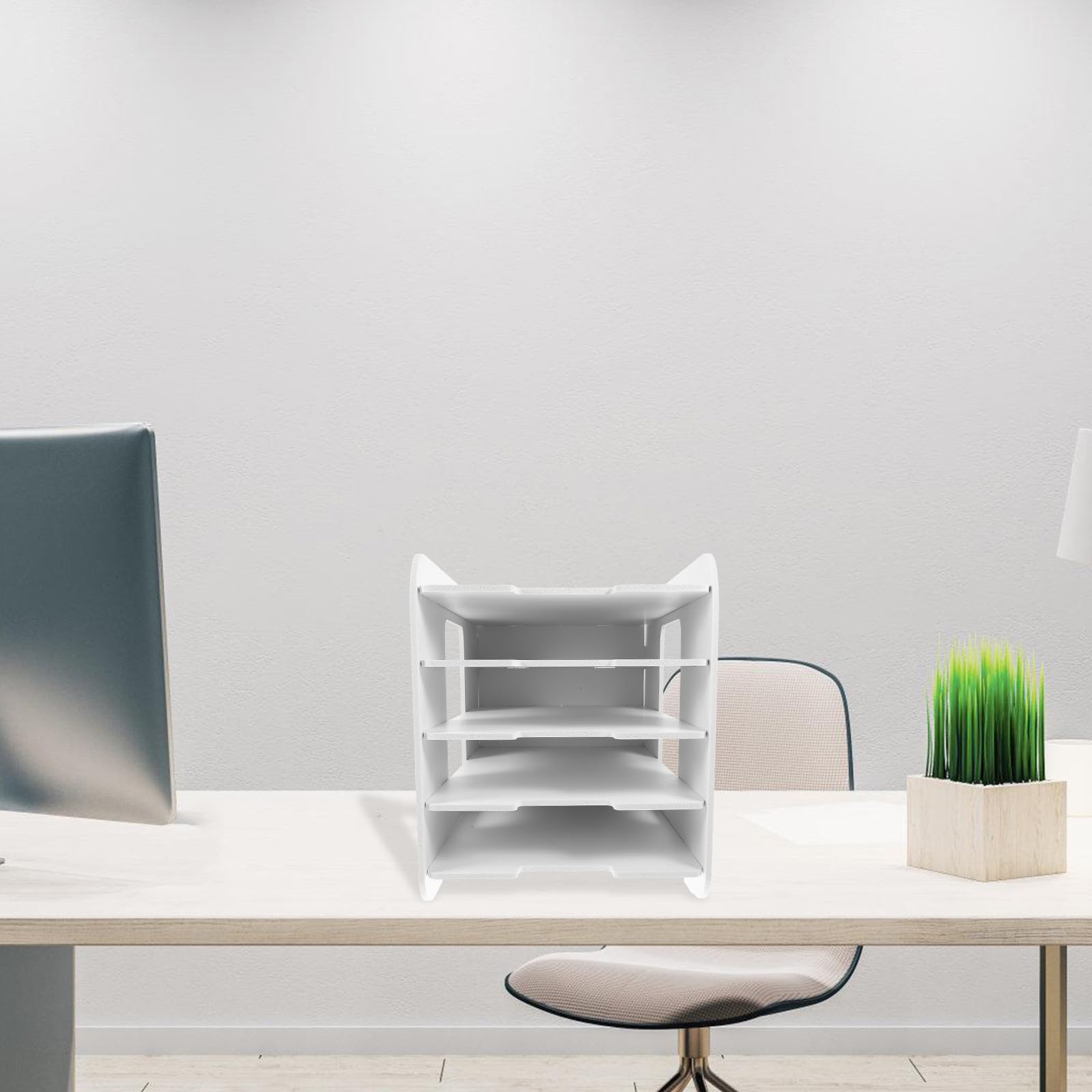 Alipis Porte-Documents de Bureau à 5 Niveaux en Bois-Plastique Blanc, Organisateur de Documents A4 Empilable, Étagère de Rangement Multifonction pour Bureau et Espace de Travail