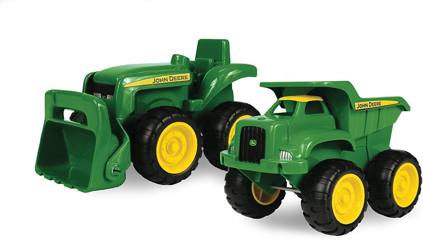 John Deere Sand Toys Dump Truck and Toy Tractor with Loader for Kids Aged 18 Months and Up, 6 Inch, Green (Pack of 2)