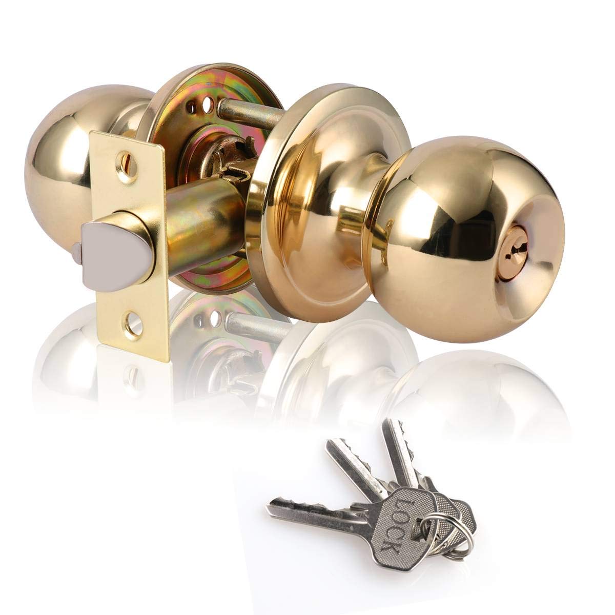 XIUDI Entry Door Knob with Lock and Key,Ball Stainless Steel Keyed Door Lock,for Privacy Bedroom/Bathroom,Polished Brass