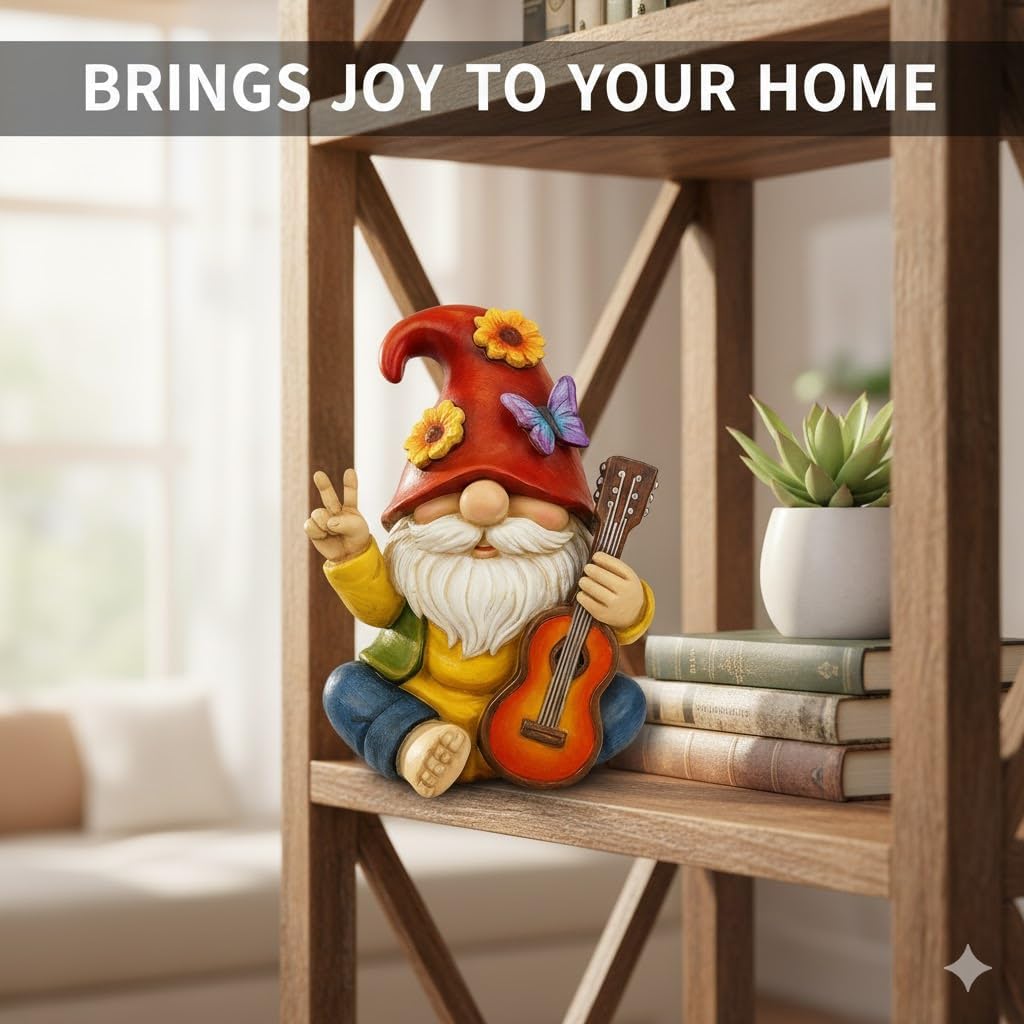Peace Sign Garden Gnome Figurine Outdoor Statue, Funny Guitar Playing Dwarf Rock Music Decor - 6‘’ Resin Lawn Ornament, Unique Housewarming Gift for Music Lovers & Gardeners (Red) - Image 9