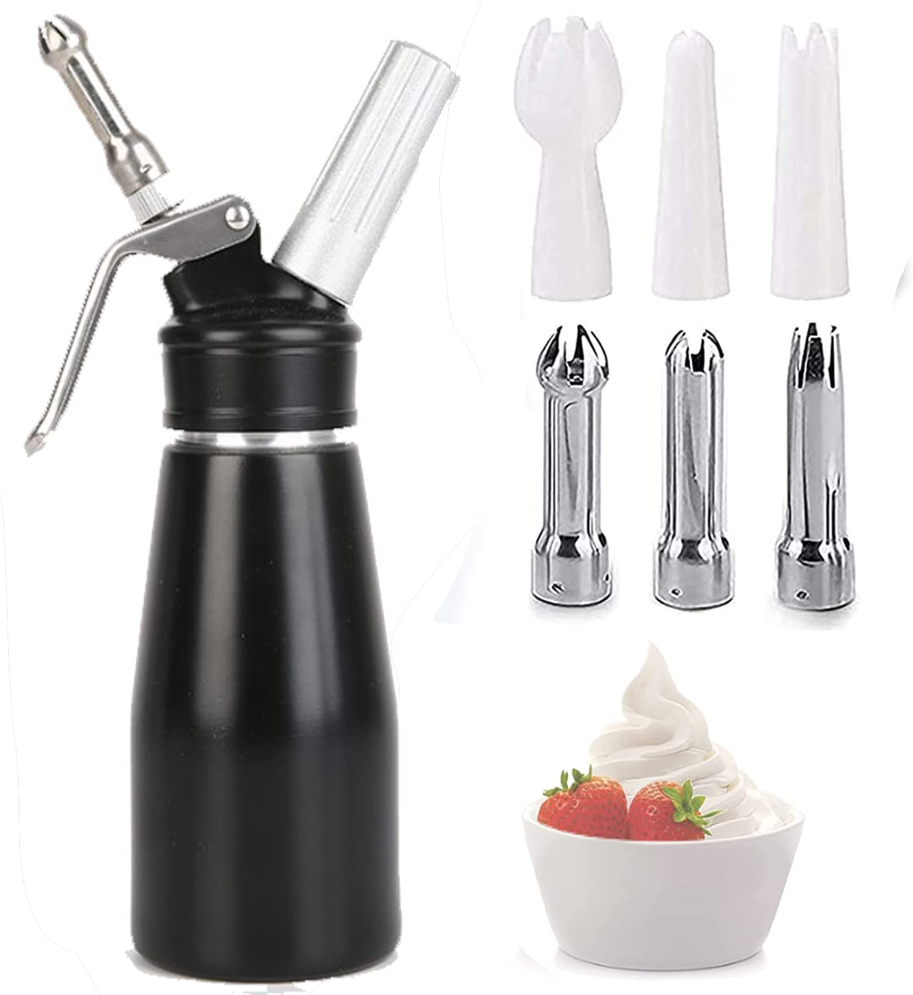 Sahnespender-Edelstahl 250ML,Edelstahl Sahnesyphon mit 6 Dekorations-Düsen und 1 Reinigungsbürsten, Edelstahl Sahnespender für Cremes und Soßen